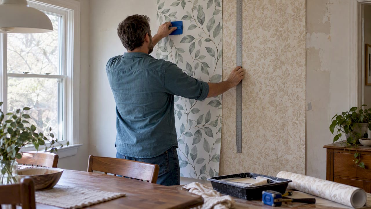 Homeowner comparing two wallpaper installation methods