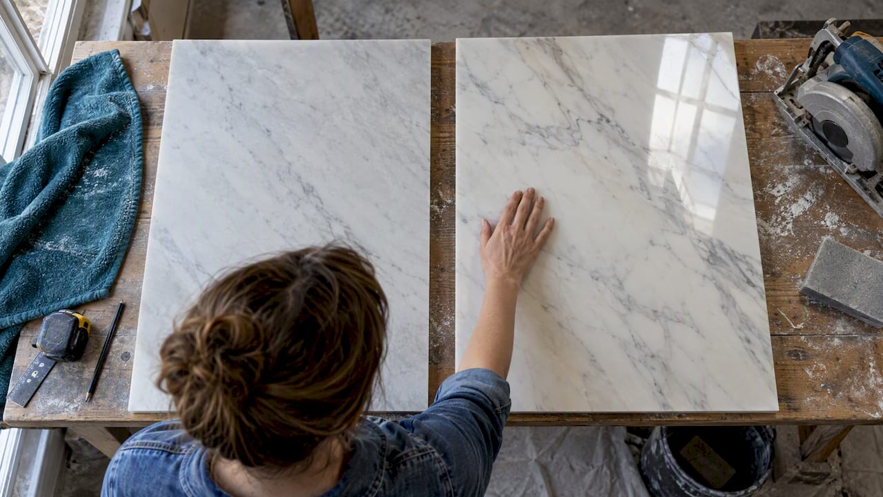 Honed and polished marble finish panels compared
