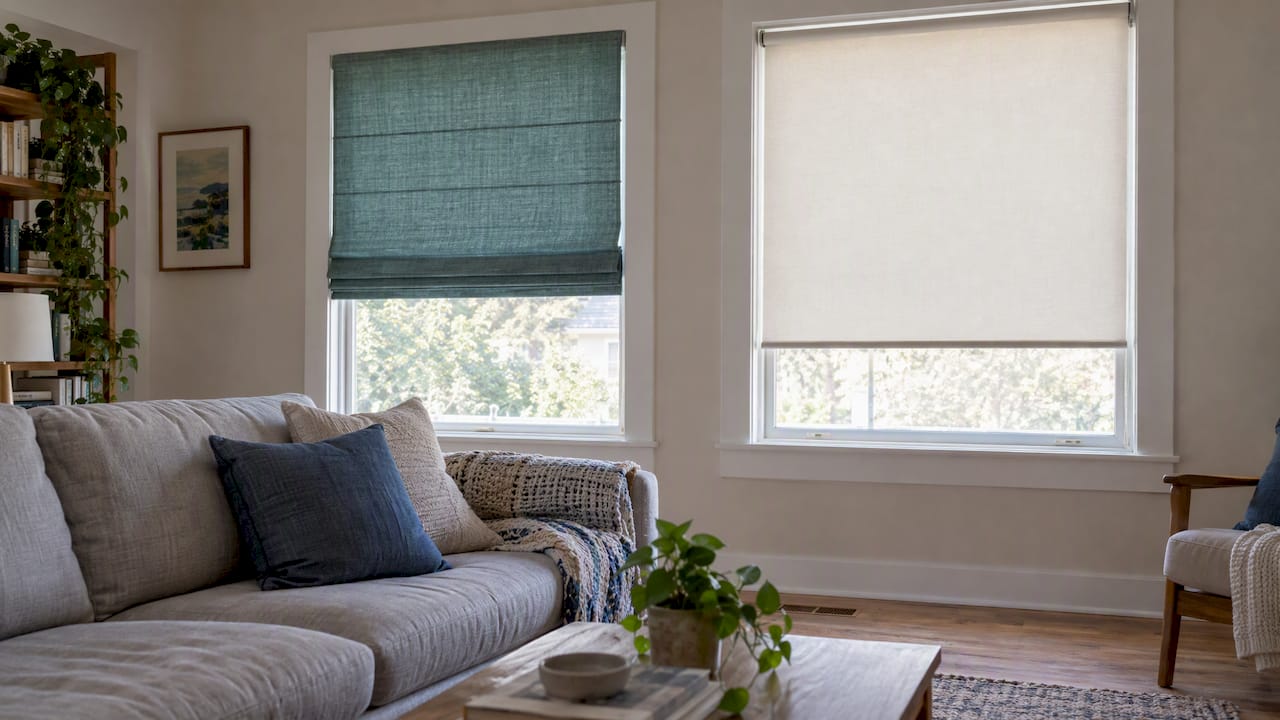 Roman and roller shades in modern room