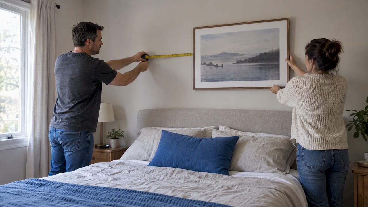 Framed art being measured above a bed