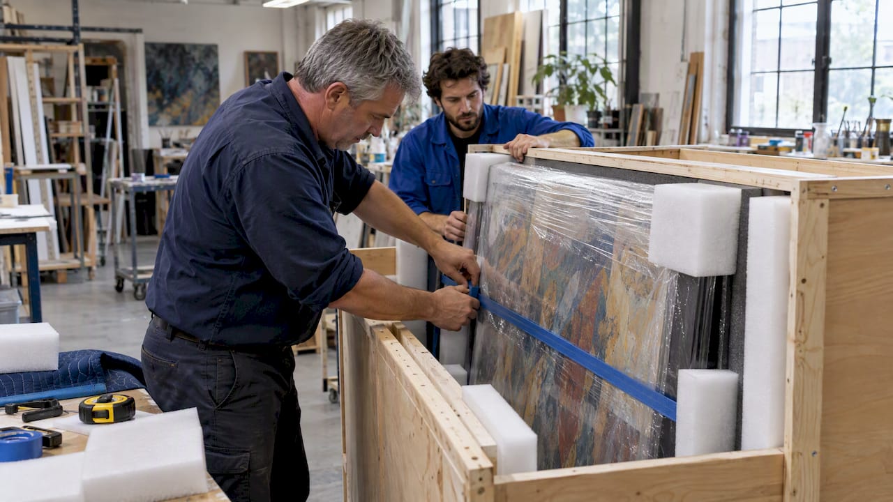 Artwork being secured inside a shipping crate