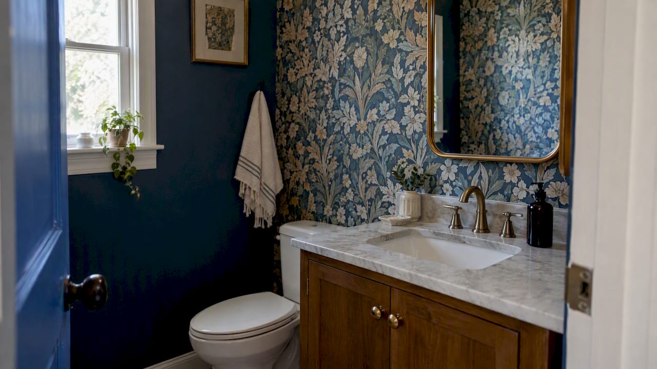 Bold wallpaper in a compact powder room