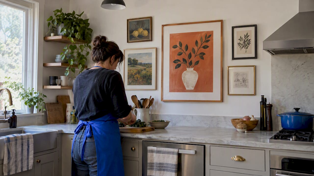 Framed artwork arranged above a kitchen counter
