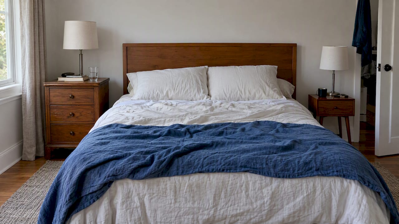 Different bedside tables beside a bed