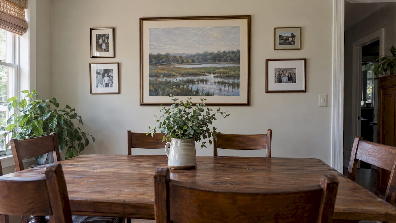 Personal framed art above a dining table