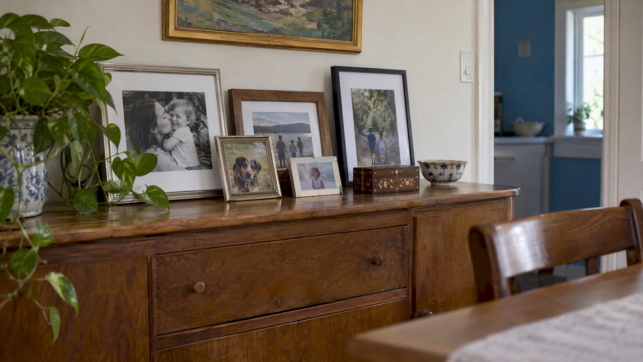Family photos and a keepsake in a dining room
