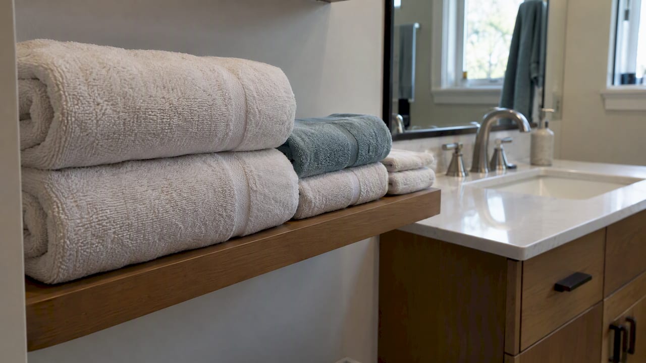 Six folded linens ready for bathroom guests