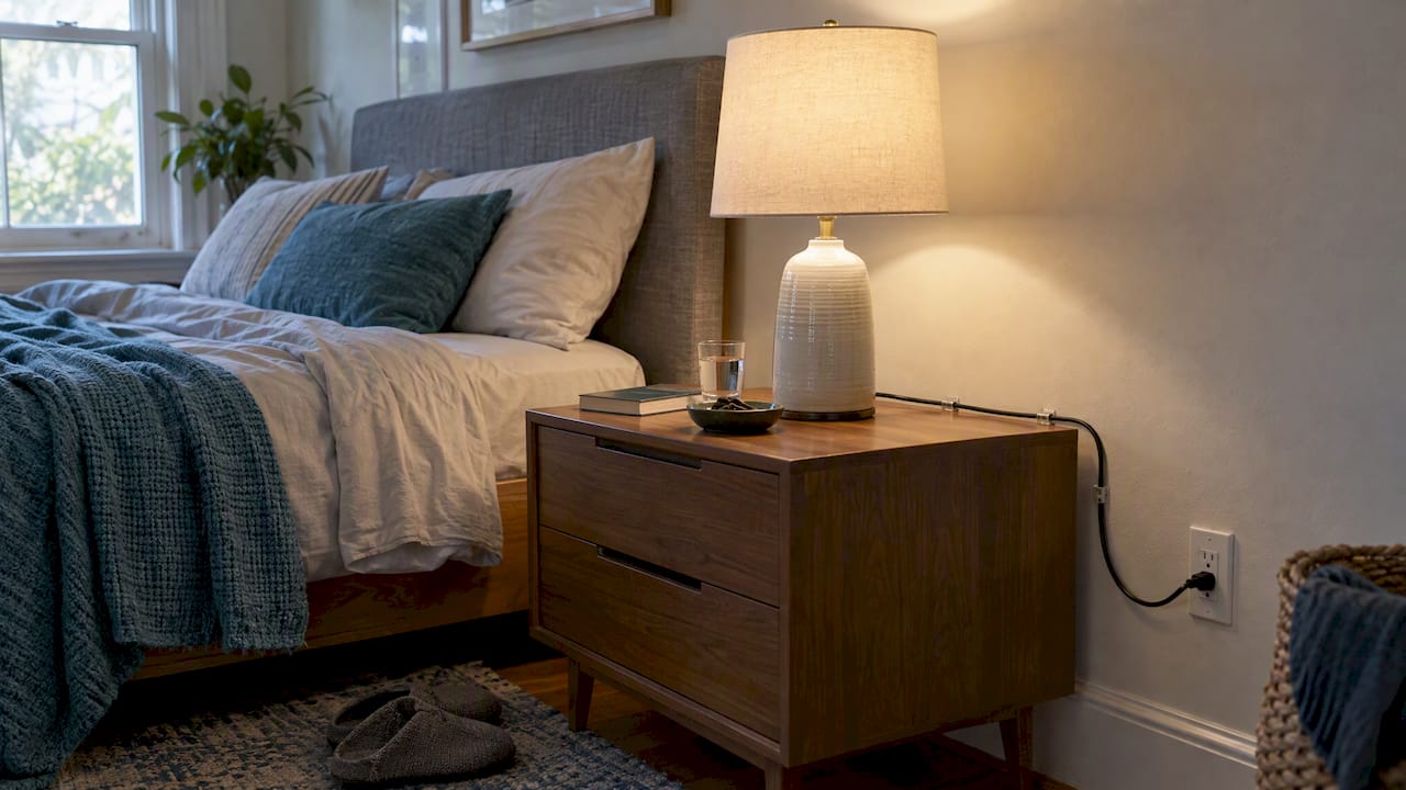 Bedside lamp with cord routed safely