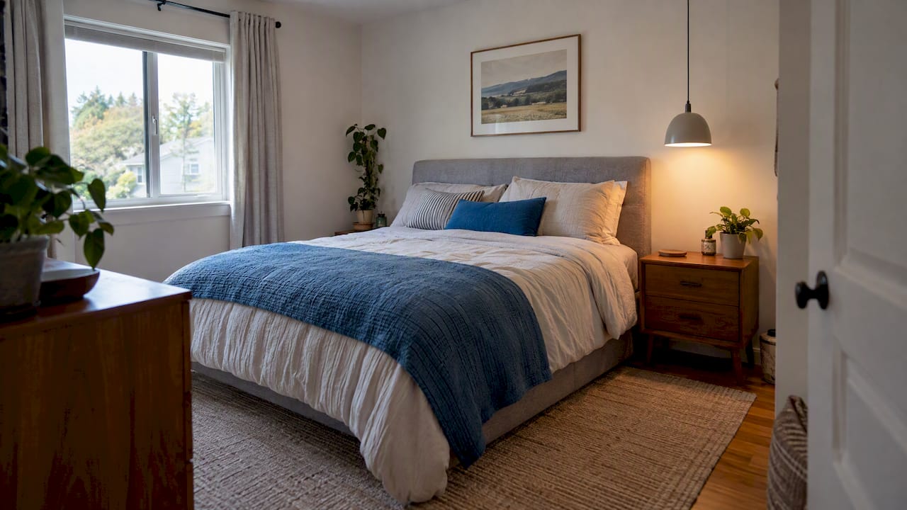 Bedside pendant above an open nightstand