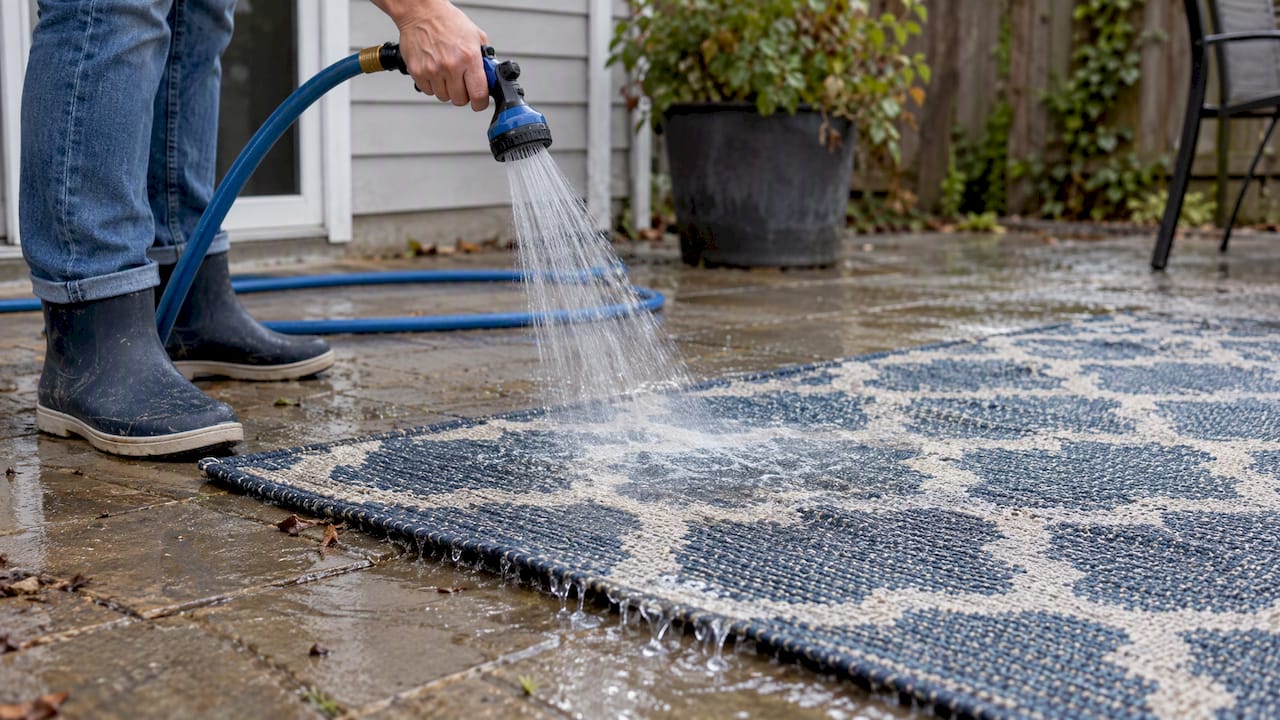 Water rinsing a patterned outdoor rug