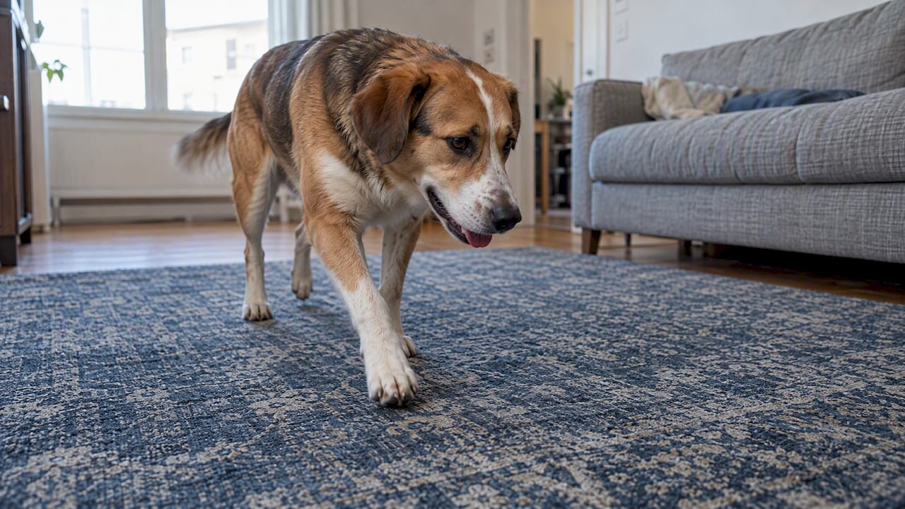 Dog crossing a patterned low-pile rug
