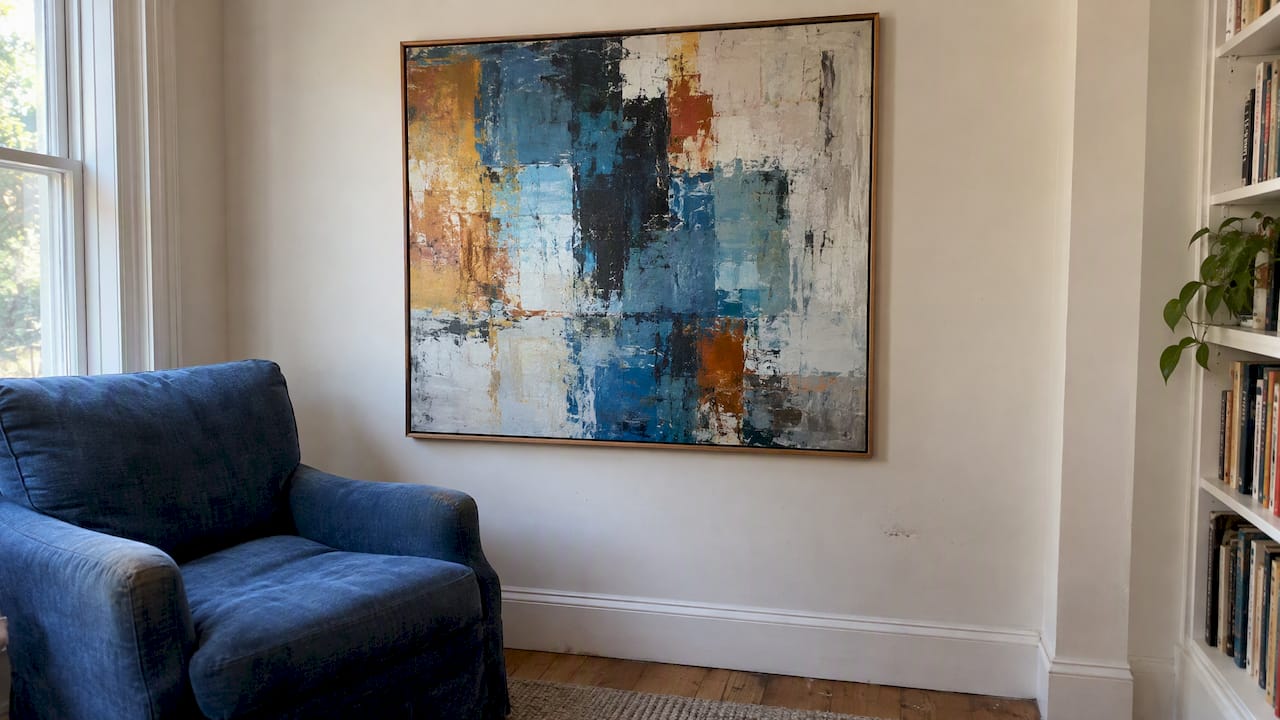 Abstract painting beside a reading chair