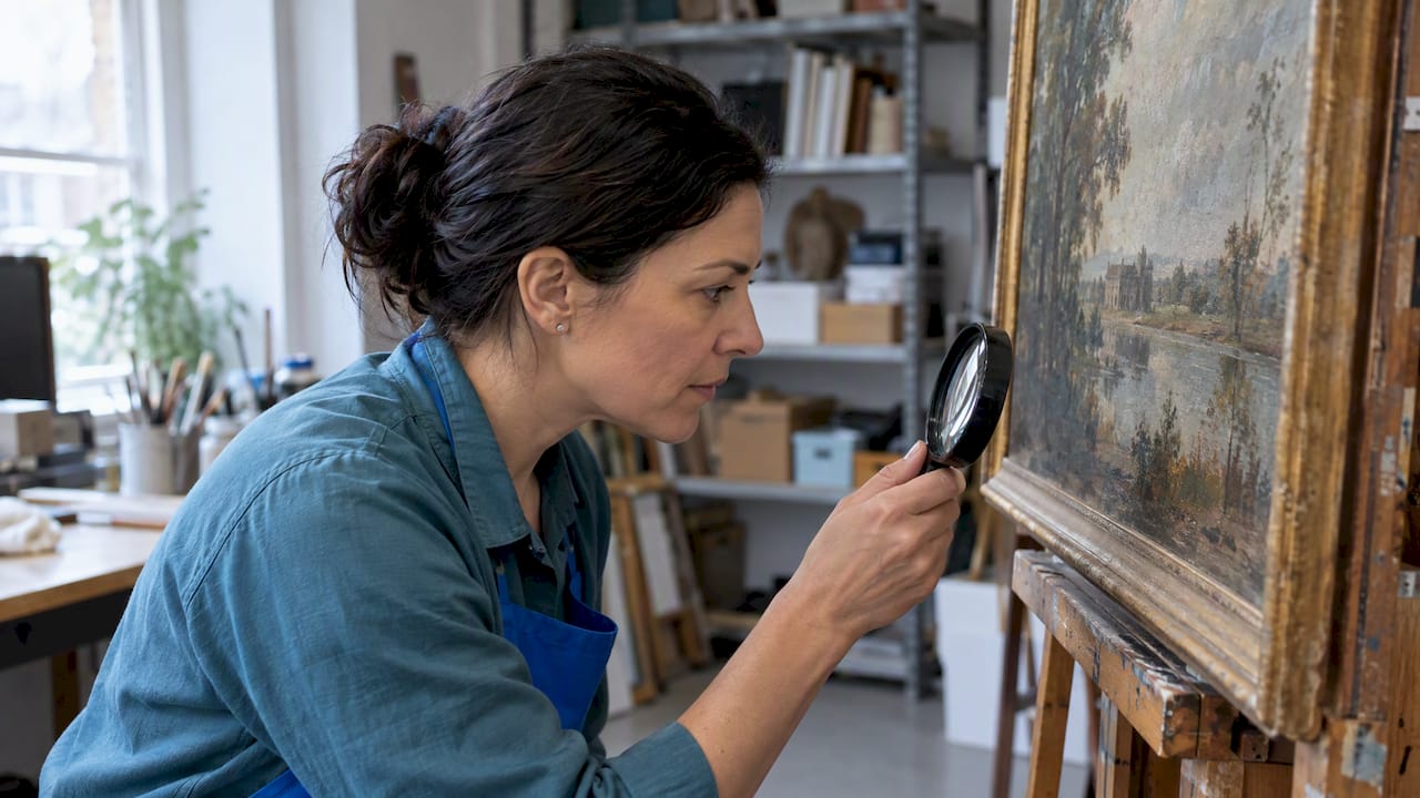 Appraiser examining a painting in her studio