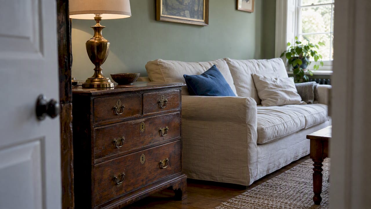 Modern sofa beside vintage chest and brass lamp