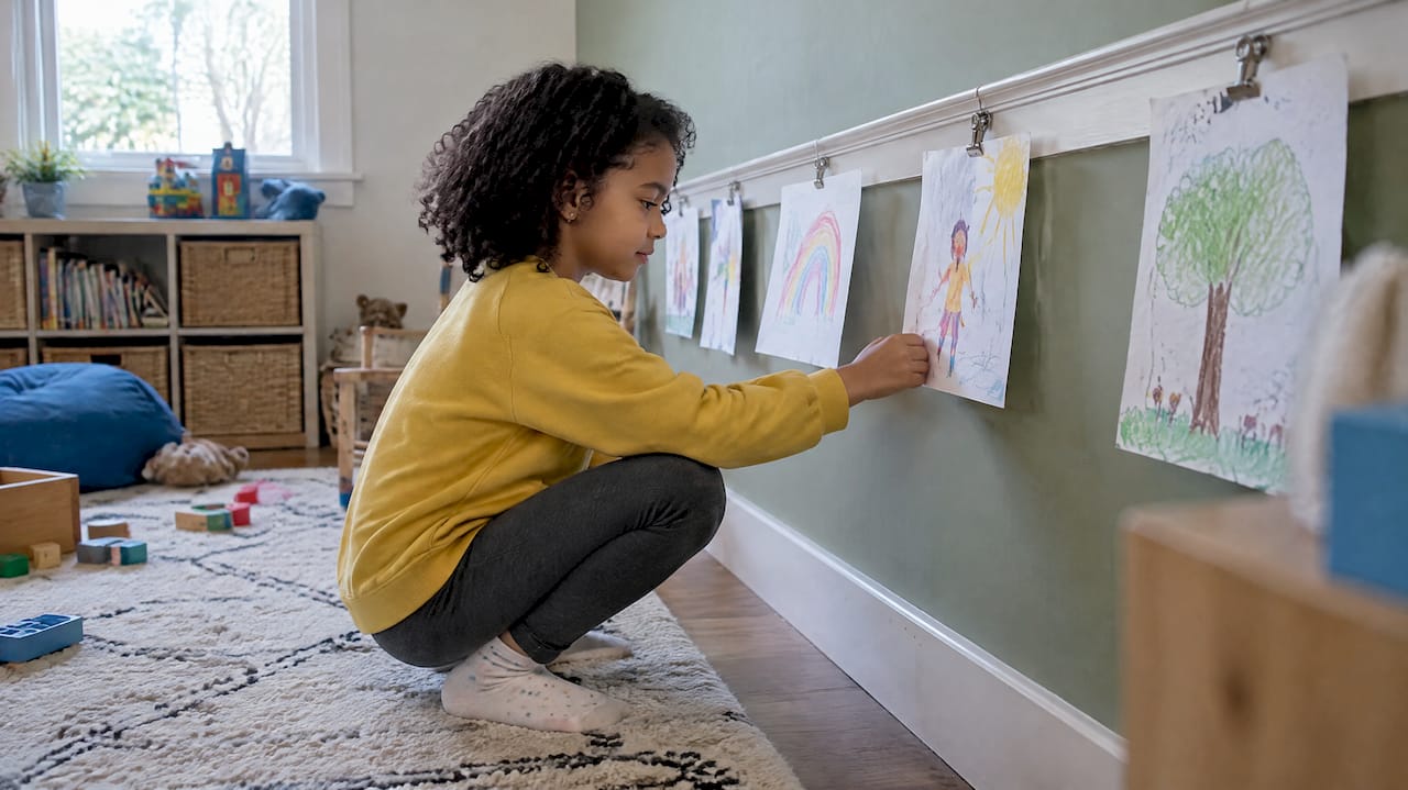 Child viewing artwork at playroom height
