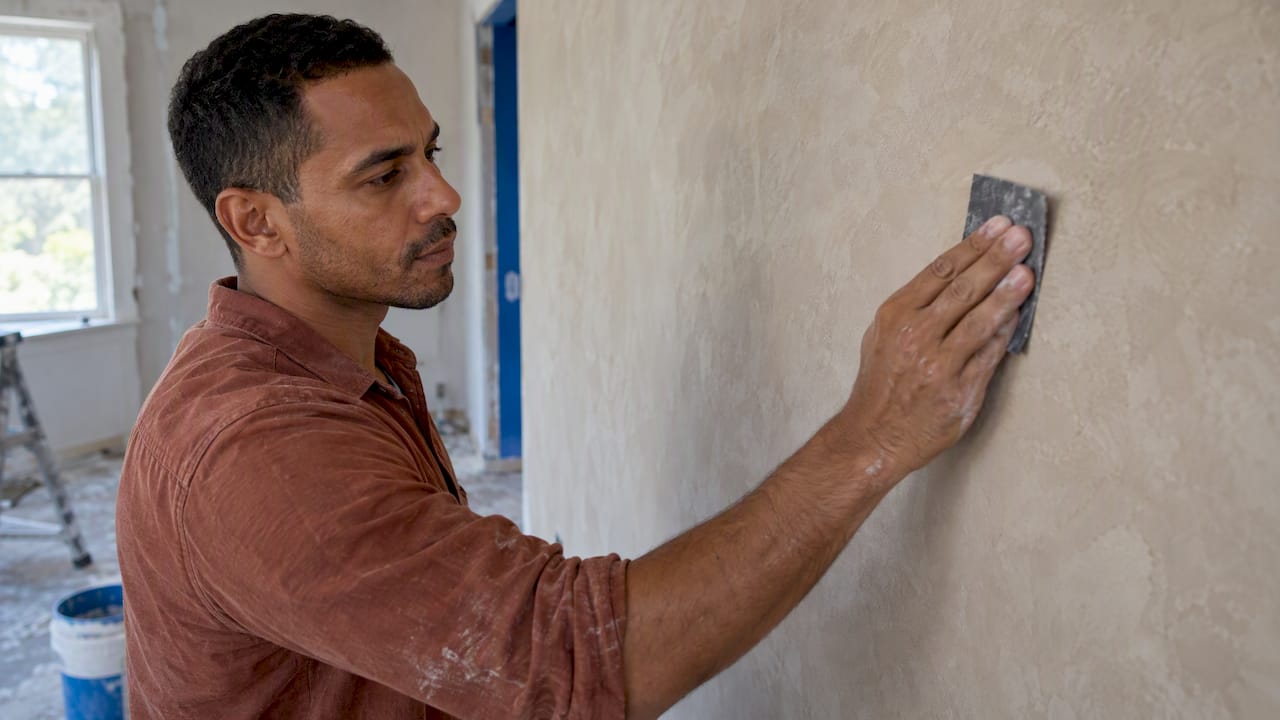 Installer lightly sanding a Roman clay wall